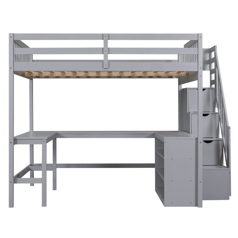 Full Size Loft Bed with L-Shaped Desk, Storage Shelves, and Staircase, Gray