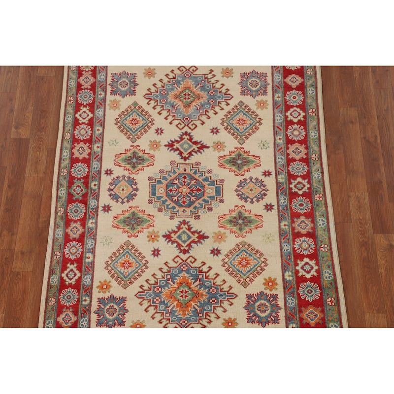 Red Geometric Kazak Area Rug Handmade Oriental Wool Carpet - 4'0" x 6'0"