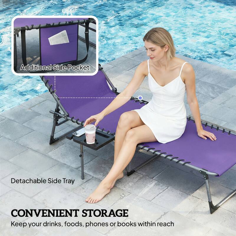 Outsunny Folding Chaise Lounge Chair Outdoor Tanning Chair with Side Table, 5-Level Adjustable Beach Lounge Chair with Headrest