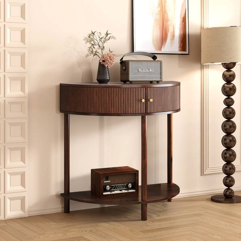 Modern 31.5" Fluted Semi-Circle Narrow Console Table with Drawers and Dual Storage Solutions