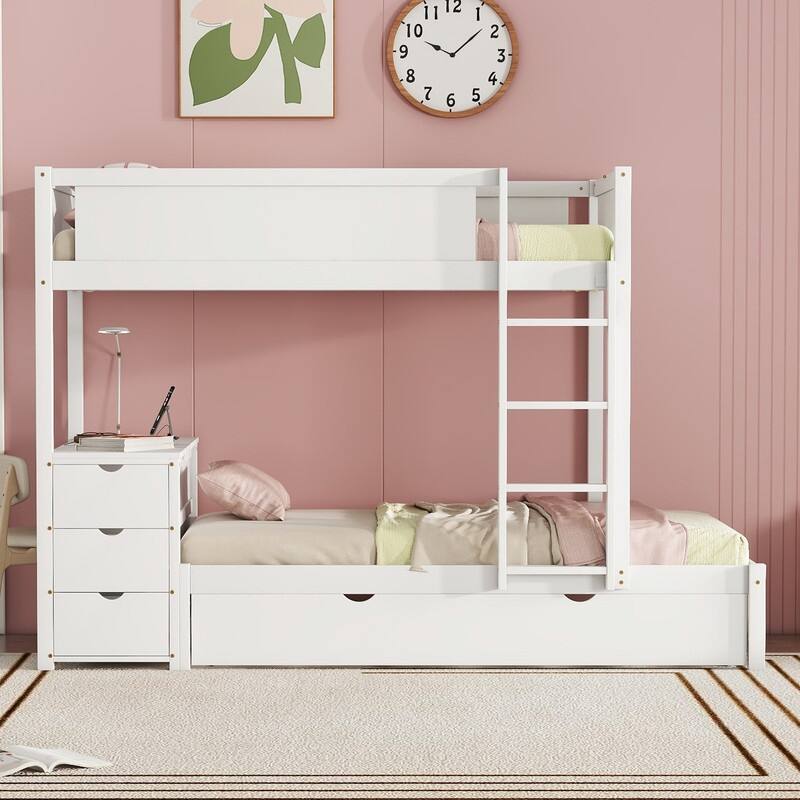 Twin-Over-Twin Bunk Bed with Twin size Trundle, Drawers and Desk