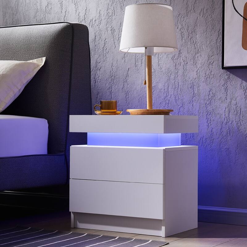 LED Bedside Table with 2 Drawers - Multi-Color Adjustable Lights, Modern White Nightstand for Bedroom & Living Room - White