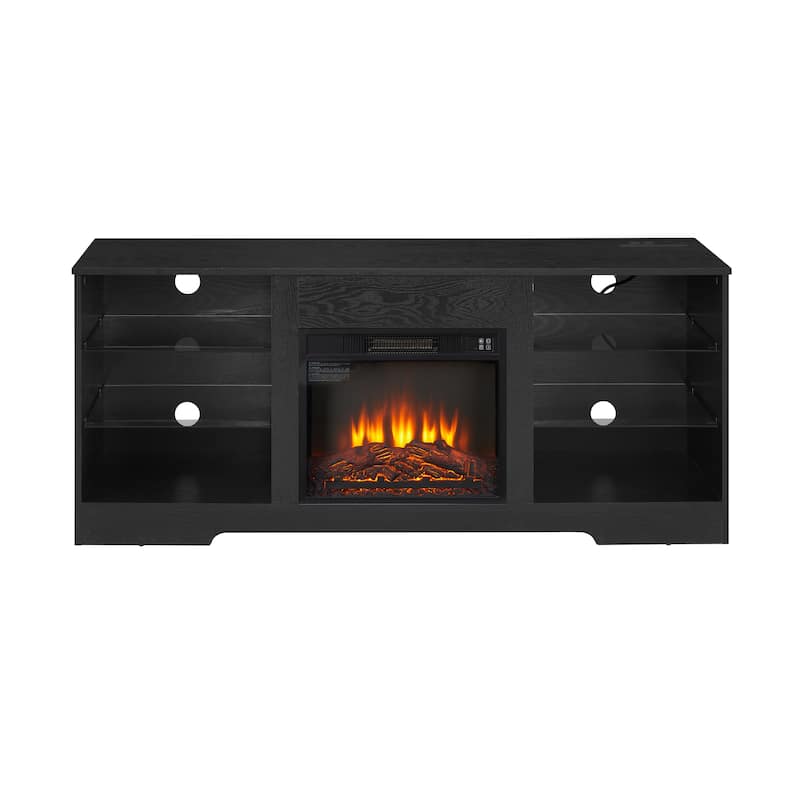 Black 58" Fireplace TV Stand with LED, Glass Shelves & USB for TVs Up to 62"
