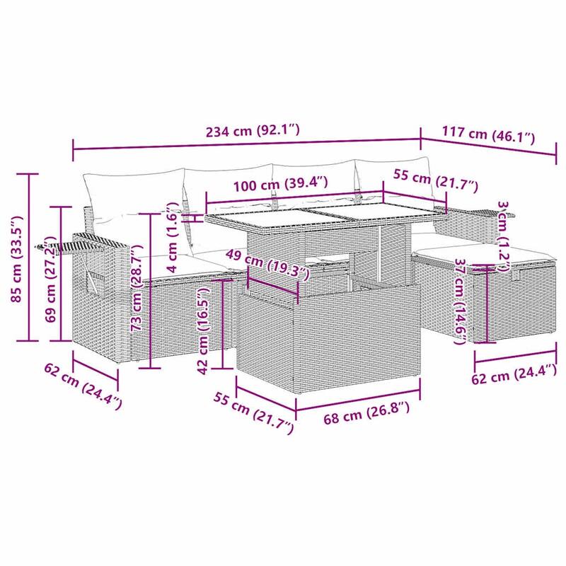 vidaXL Patio Sofa Set with Cushions Outdoor Furniture 6 Piece Poly Rattan - 21.7 x 39.4 x 28.7 in