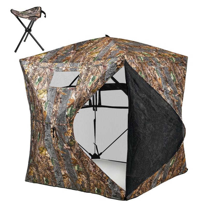Moasis Hunting Blind 2-3 Person with Hunting Stool, 360 Degree See Through Pop up Ground Blinds for Hunting - Brown - 58"