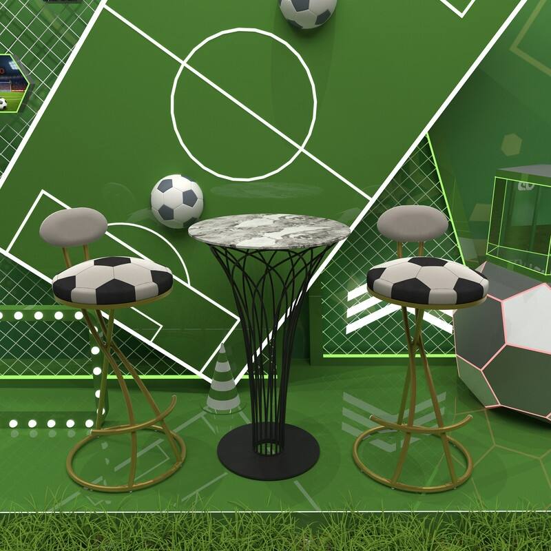 Football Print Bar Stools Set of 2 Upholstered Counter Height Barstool for Kitchen Island S-shaped Velvet Metal Dining Chairs