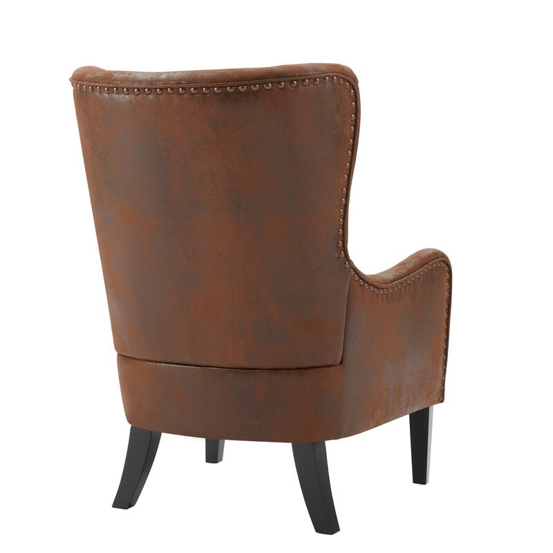 Accent Chair for Living Room, Wingback Arm Chair, Brown Polyester Upholstered Chair with Nailhead Trim, Wooden Legs