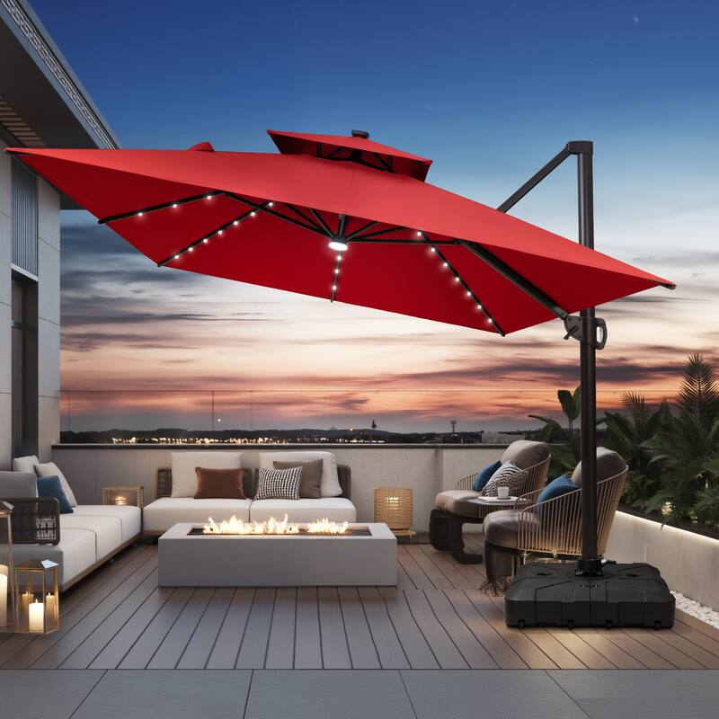 10X13 FT Outdoor Cantilever Patio Umbrella Solar LED Light with Wheel Base