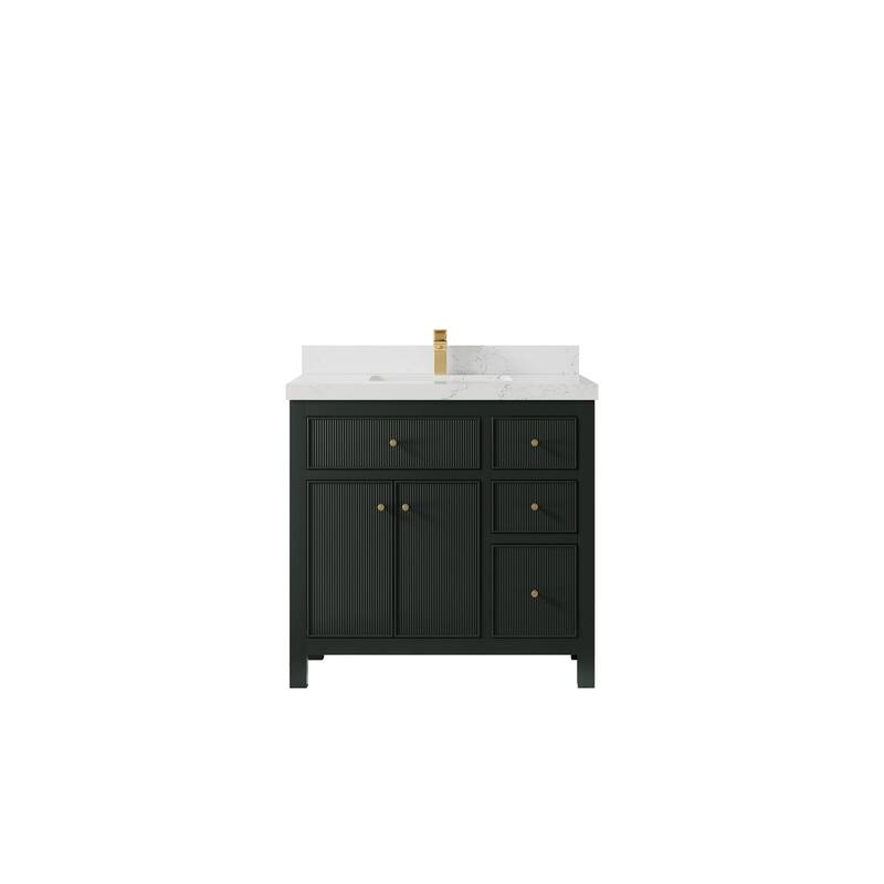 Willow Collections 36 in W x 22 in D Sonoma Center Sink Free Standing Reeded Bathroom Vanity with Countertop - 2" Empira White - Dark Forest Green