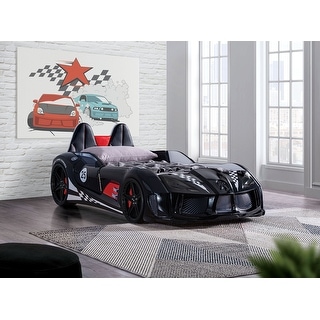 Modern Novelty Style Twin Size Bed Race Car Design Attached Two Magnetic Doors With Led Lights On Wheels