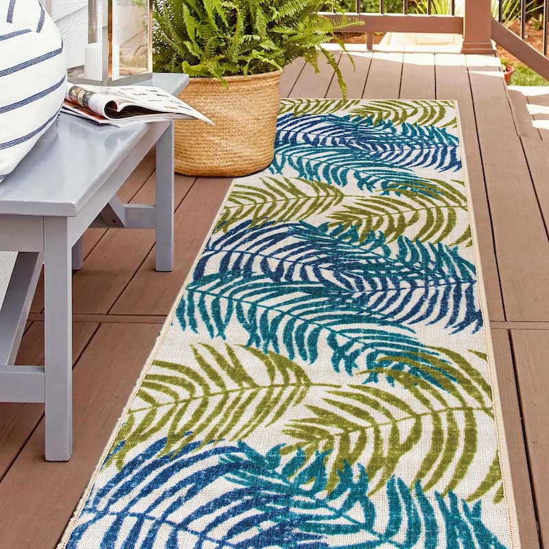 Floral Leaves Flatweave Indoor/Outdoor Area Rug - 2'x7' Runner - Blue