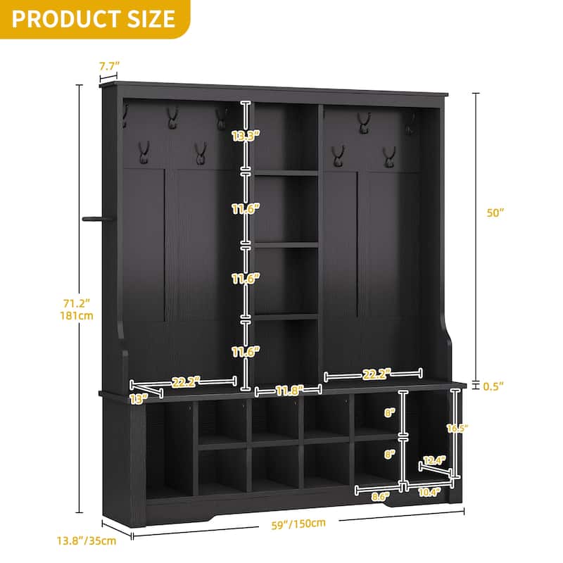 Moasis Farmhouse Hall Tree with Bench and Shoe Storage with 10 Hooks for Entryway