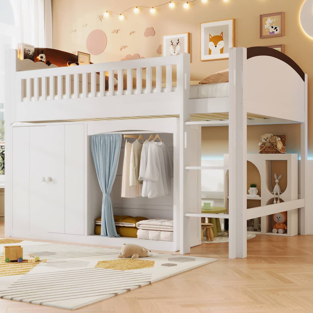 Twin Loft Bed with Built-in Wardrobe & Storage Cabinet, Space-Saving Design with LED Lighting