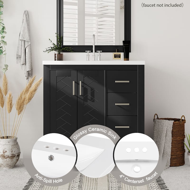 30"Bathroom Vanity with Ceramic Sink,Solid Wood Storage Cabinet,Freestanding Vanity Set with 3 Drawers& Soft Closing Doors
