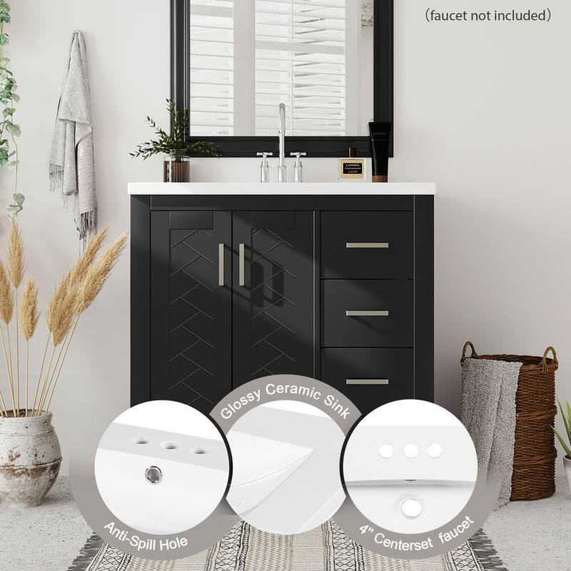 Roomfitters 30 Inch Bathroom Vanity with Ceramic Sink Combo, Solid Wood Frame Storage Cabinet with 3 Drawers and Doors, Black