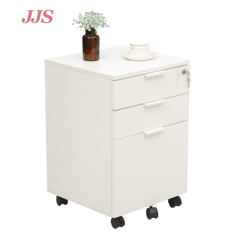 JJS 3 Drawer Rolling File Cabinet Wooden Storage with Lock & Wheels