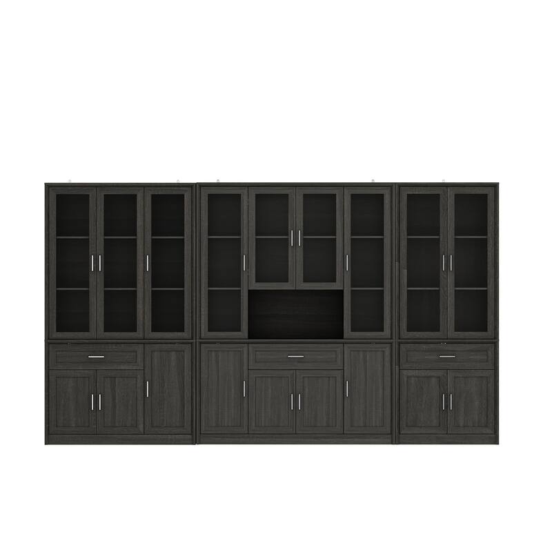 Modular Glass Door Bookcase Wall Unit with Storage Cabinets and Drawers, Dark Oak Display Hutch for Living Room or Home Office