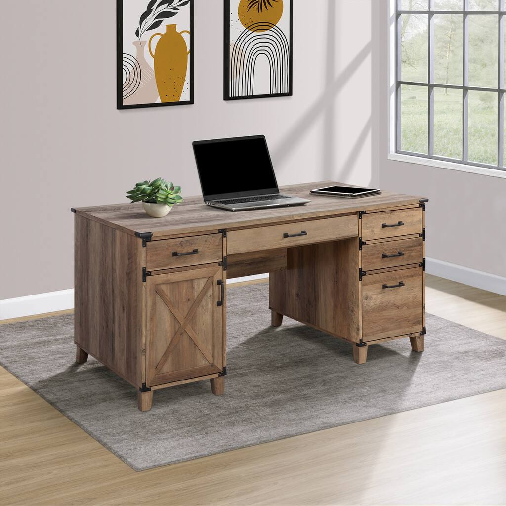 Saint Birch Farmhouse Pedestal Desk in Rustic Oak