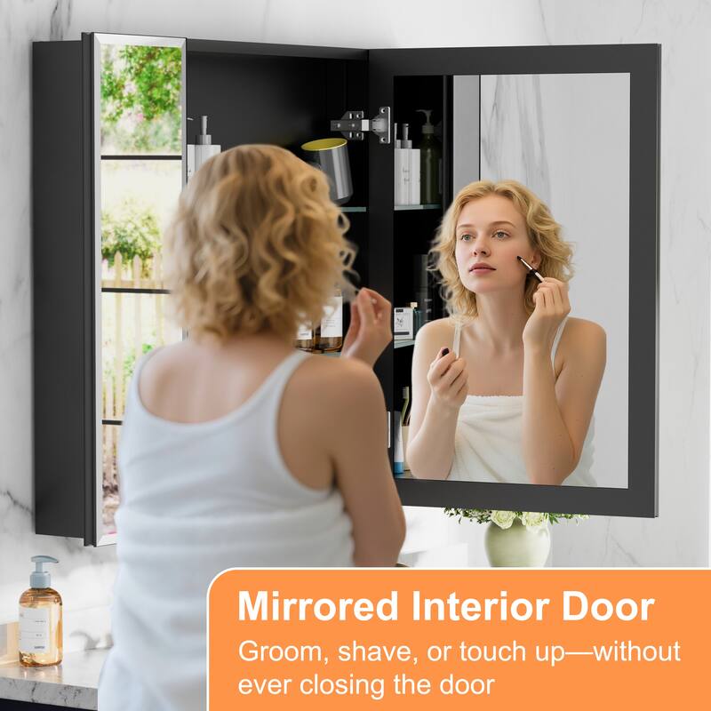 Belle Medicine Cabinet with Mirror, Adjustable Shelves, Recessed or Wall Mount