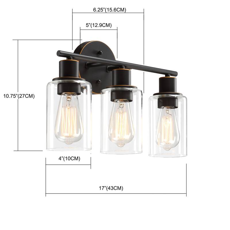 3-Light Bathroom Vanity Light with Cylinder Glass Shade