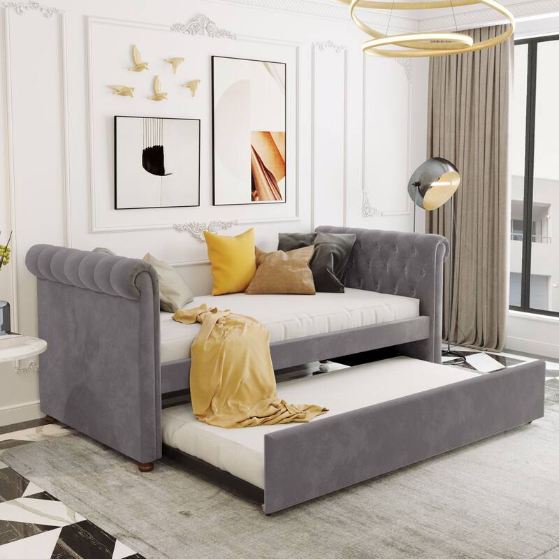 Beige Upholstered Twin Size Daybed Sofa Bed with Trundle, Fabric and Wood Frame Wood Slat Support - Grey - Twin XL