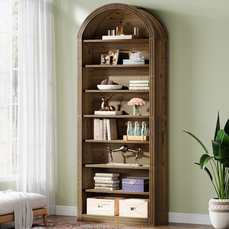 79.5" Tall Arched Bookcase with Storage Shelves