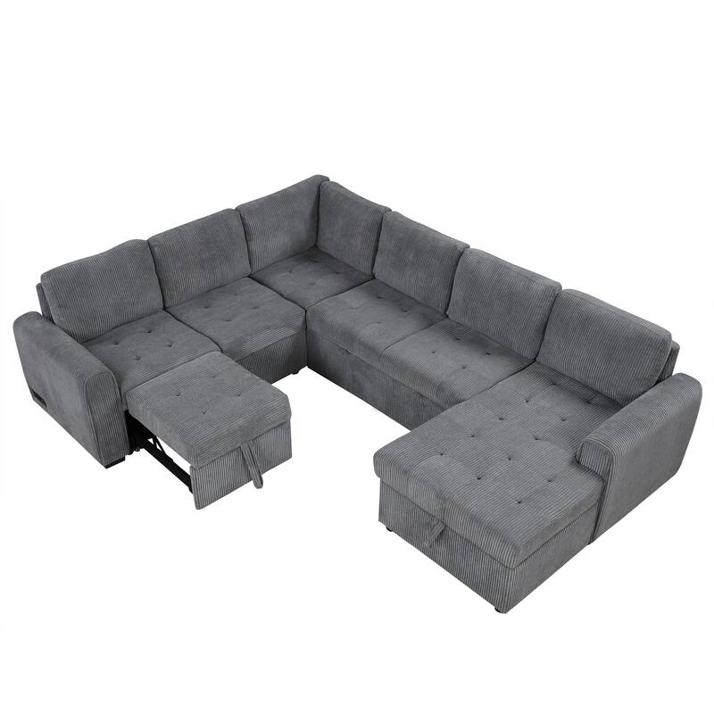 107.5" U-Shaped Corduroy Sectional Sofa with Pull-Out Bed, Storage Chaise, USB Ports and Power Sockets (5-Seater)