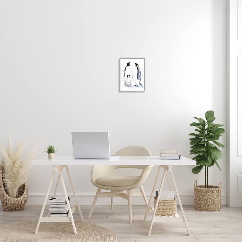 Stupell Winter Penguin Bird Family Soft Watercolor Arctic Animals Framed Wall Art - Blue