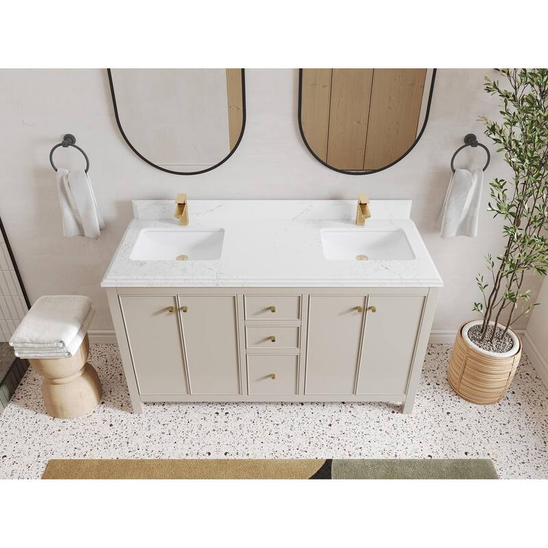 Willow Collections 60 in. W x 22 in. D Chicago Double Sink Bathroom Vanity with Countertop - 1.5” Empira White - Fine Grain