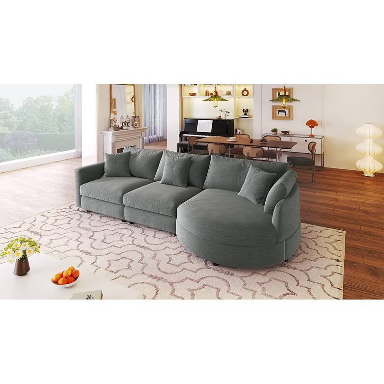 Chenille 3 Piece Sectional Sofa with Curved Chaise and 3 Throw Pillows