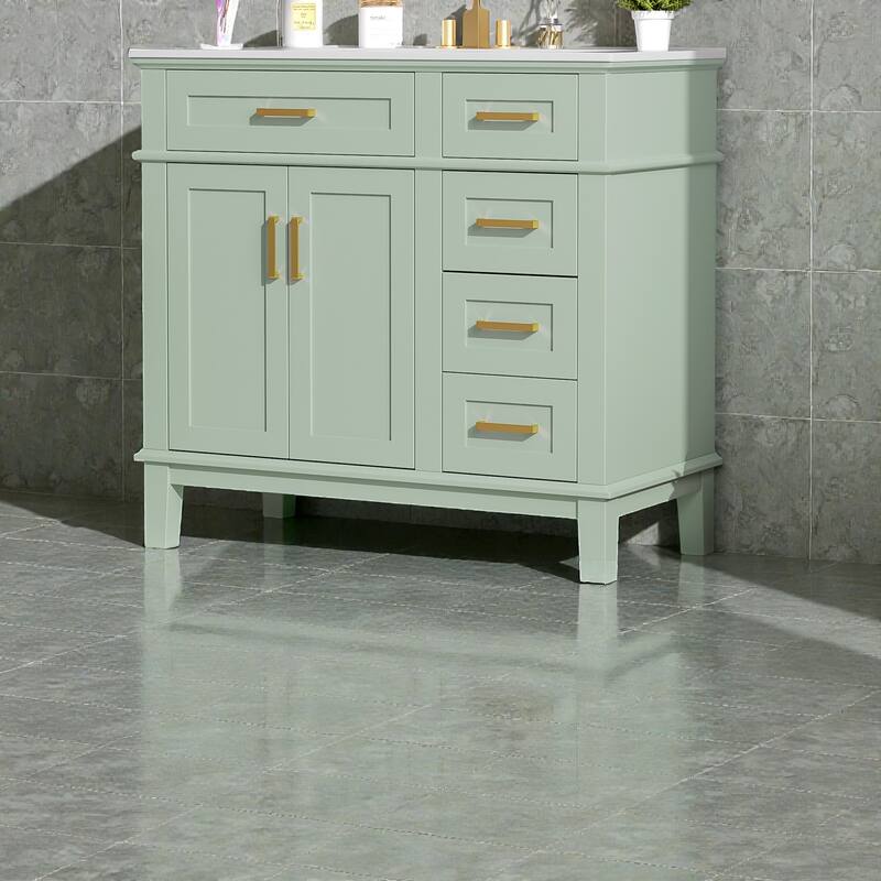 36" Modern Bathroom Vanity with Ceramic Sink, 4 Drawers, 2 Doors, Soft Close, Solid Wood Frame, Freestanding Design