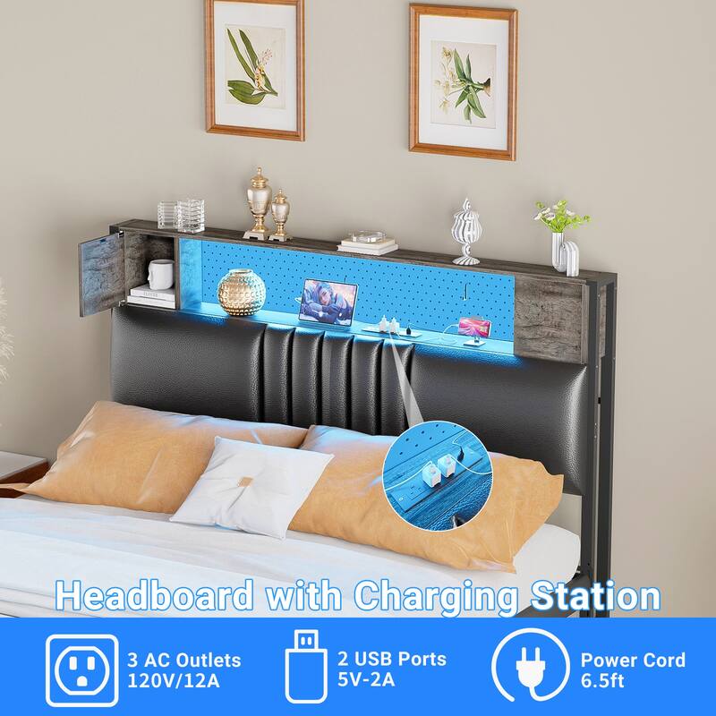Upholstered Headboard with Storage Shelf and Small Cabinet, Headboard Power Outlet and LED Light