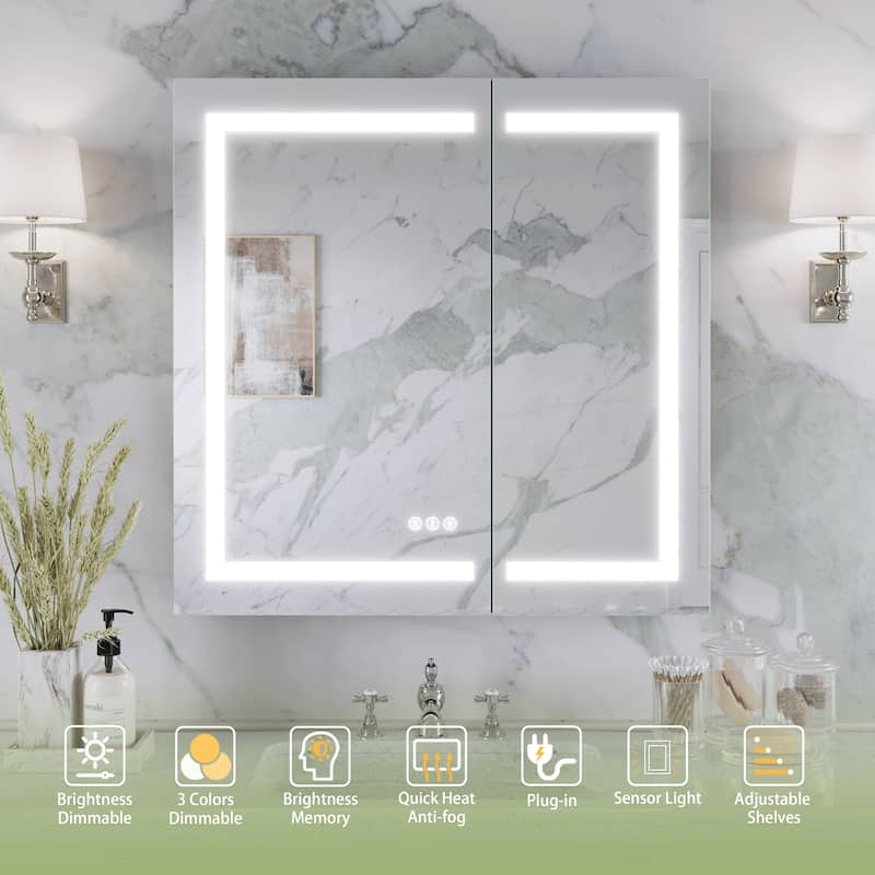 Rectangular Aluminum Recessed/Surface Mount Frameless Anti-Fog Medicine Cabinet with Dimmable LED Lights