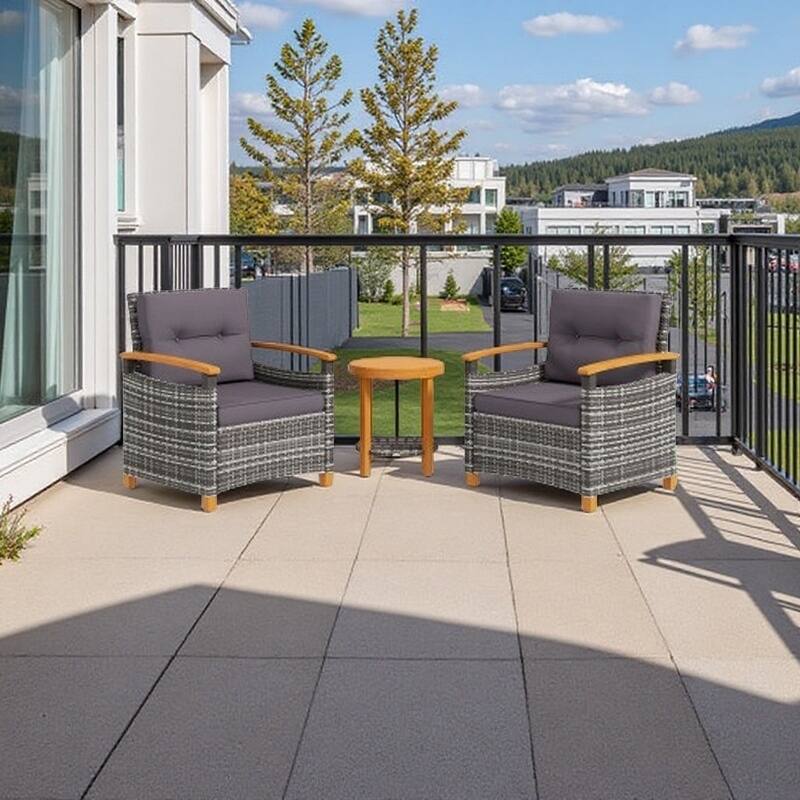 3-Piece Outdoor Bistro Set with Cushioned Chairs and PE Rattan Wood Table, Weather-Resistant Patio Furniture for Porch - Gray