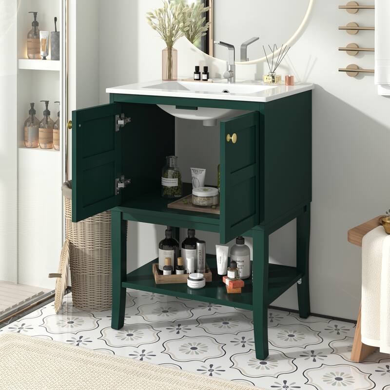 24'' Bathroom Vanity with Top Sink, Modern Bathroom Storage Cabinet with 2 Doors, Single Sink Bathroom Vanity,Green