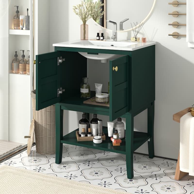 GDFStudio - Calderon Modern Bathroom Vanity Storage Cabinet with Resin Sink and 2 Doors - 24'W - Green