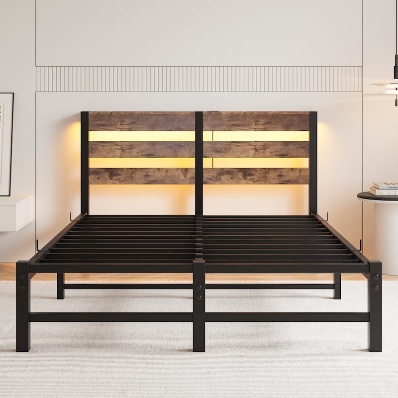 Full Size Metal Platform Bed with Wood Headboard, RGB Lights, Charger