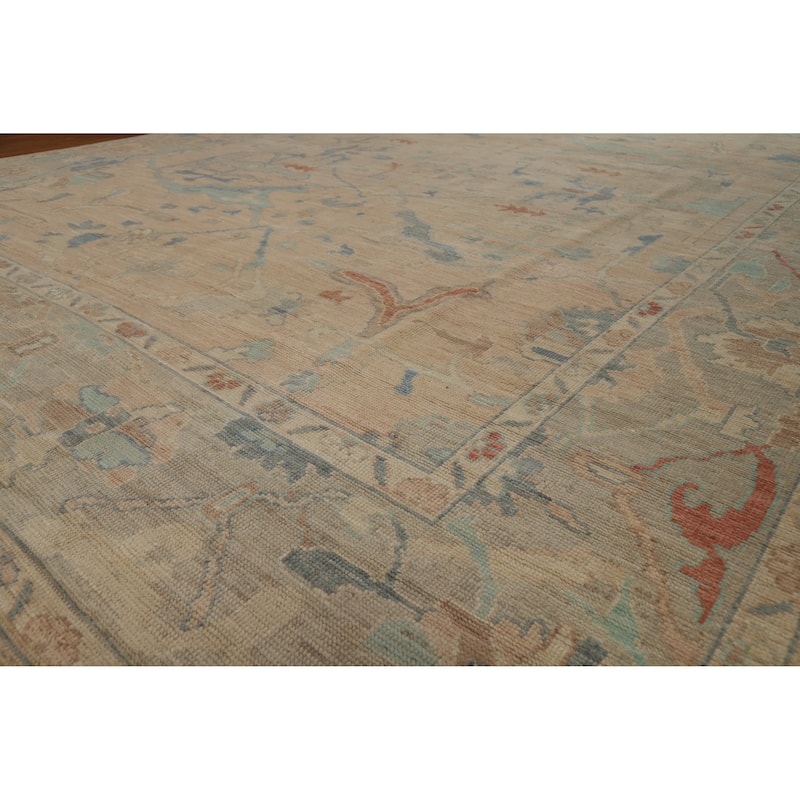 Floral Pink Oushak Turkish Area Rug Hand-Knotted Wool Carpet - 9'7"x 12'0" - 9'7"x 12'0" - Salmon