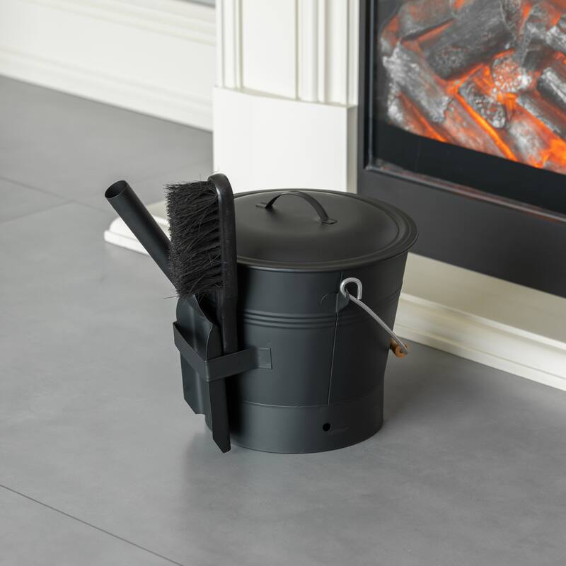 Black Iron Ash Bucket with Lid and Wood Handle Brush Use for Fire Pit, Wood Burning Stove and Grill