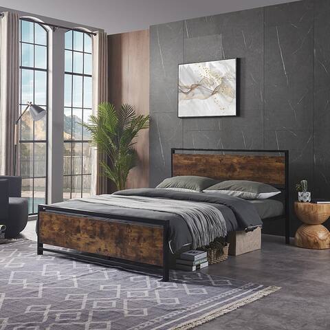 Industrial Twin/Full/Queen Size Metal and Wood Platform Bed Frame