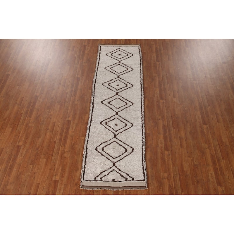 Geometric Beige Anatolian Runner Rug Handmade Wool Carpet - 3'1"x 10'4"