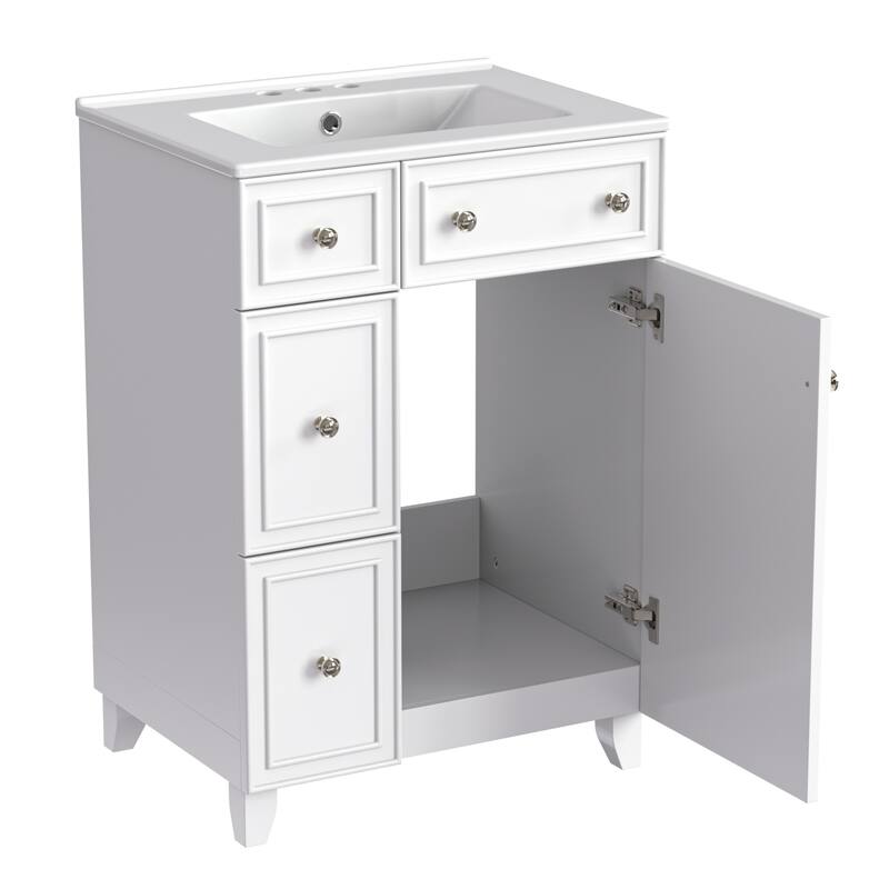 24" Bathroom Vanity Cabinet with Ceramic Sink, 2 Drawers & Door, White