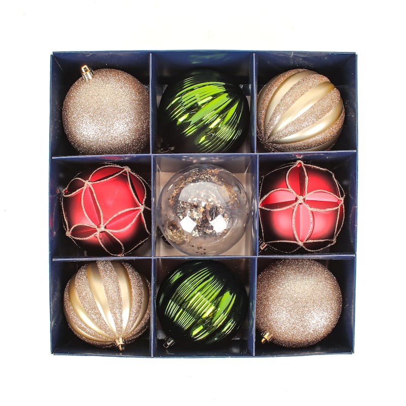 National Tree Company 4 in.Christmas Ball Ornaments, Red, Green and Silver, Set of 9 - 4 in