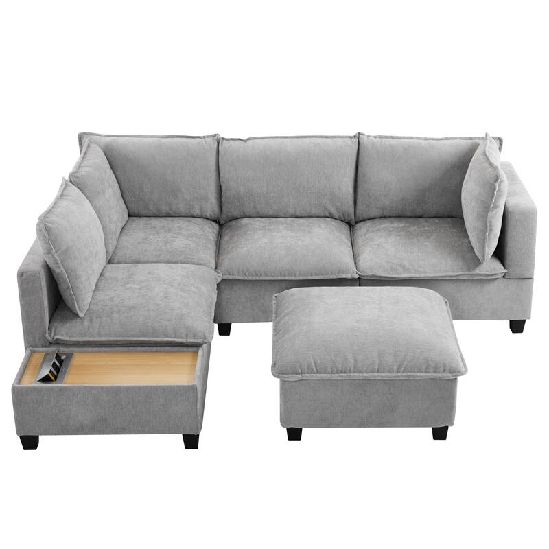 U-Shaped Sectional Sofa with Ottoman, Coffee Table with Hidden Charging Devices, Oversized Chenille Upholstered Cloud Sofa