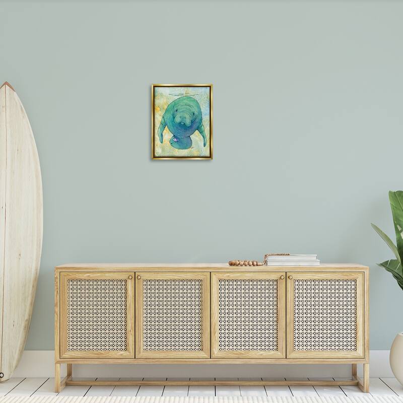 Stupell Green Manatee Underwater Framed Floater Canvas Wall Art Design by Steve Vanderbosch