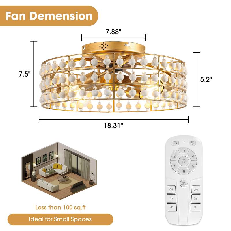 18" Bohemian Gold Caged Reversible Propeller Low Profile Smart Ceiling Fan with APP Control and Remote