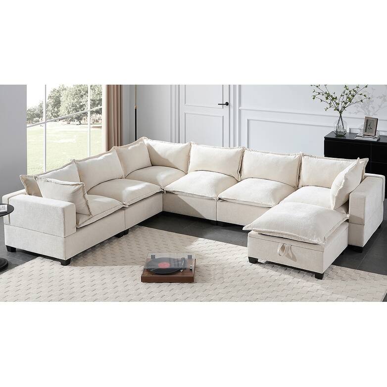 U Shaped Modular Sectional Chenille Sofa with Movable Storage Ottoman