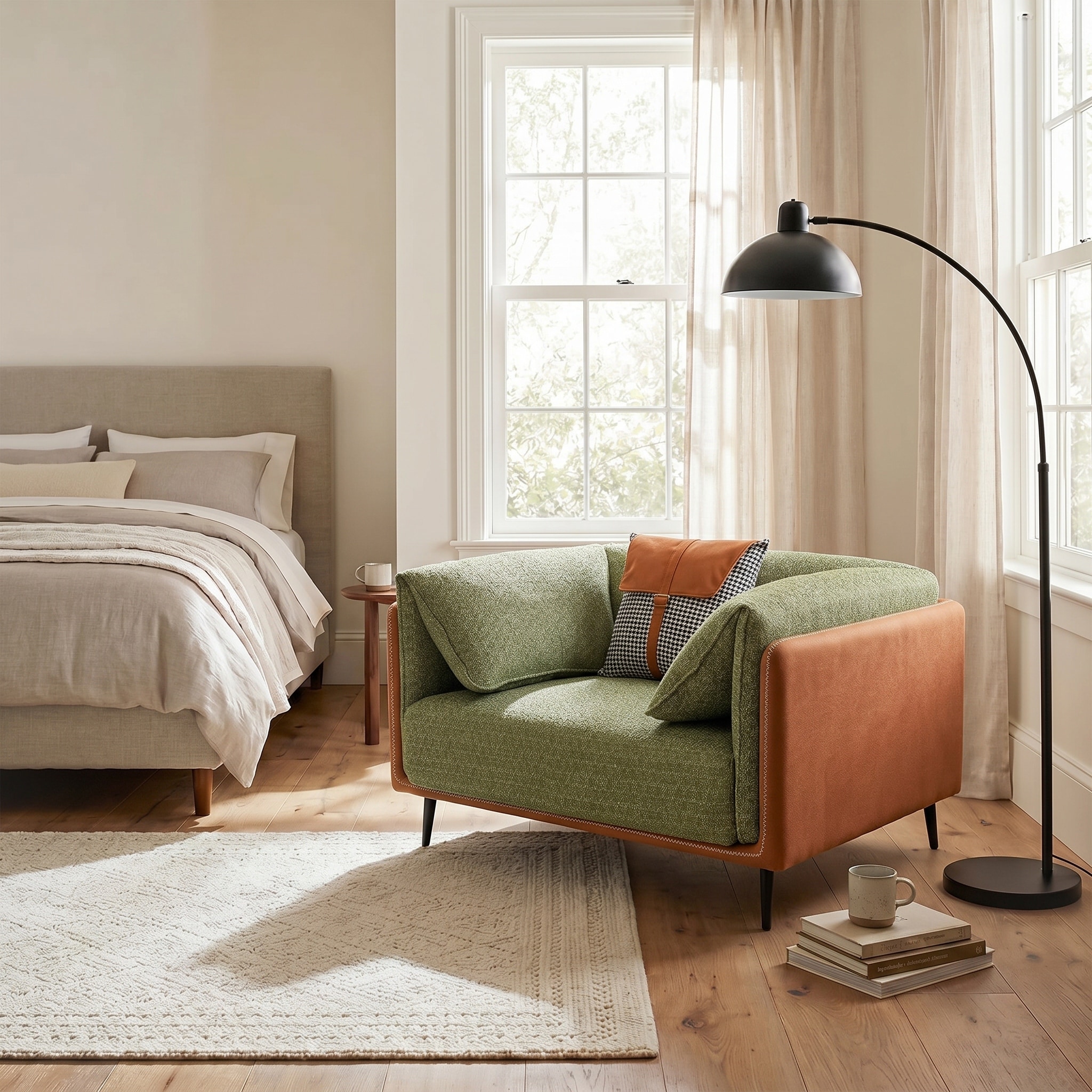 Modern Two-Tone Accent Chair with Reversible Armrests, Fabric Upholstered Club Chair with Metal Legs for Living Room