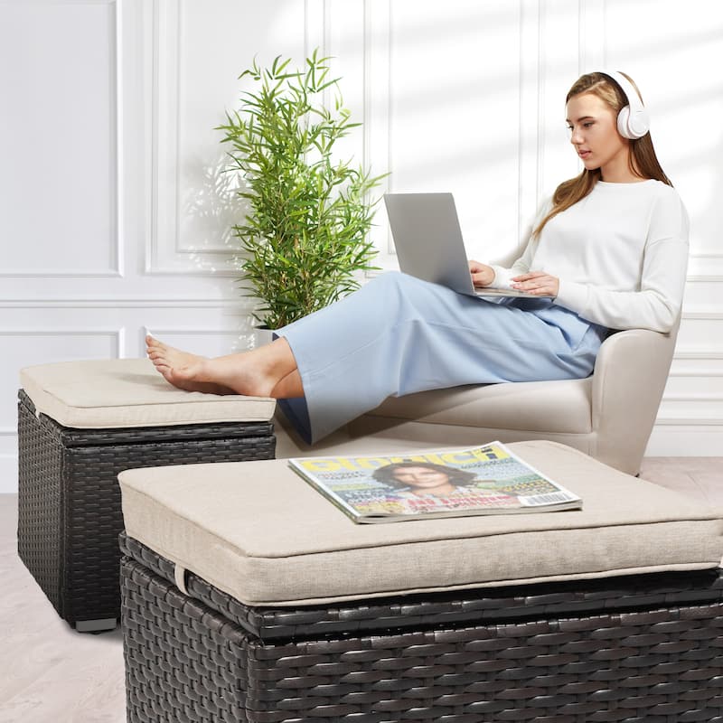 Patio 2-Piece Wicker Ottoman with Hidden Storage and Detachable Cushion