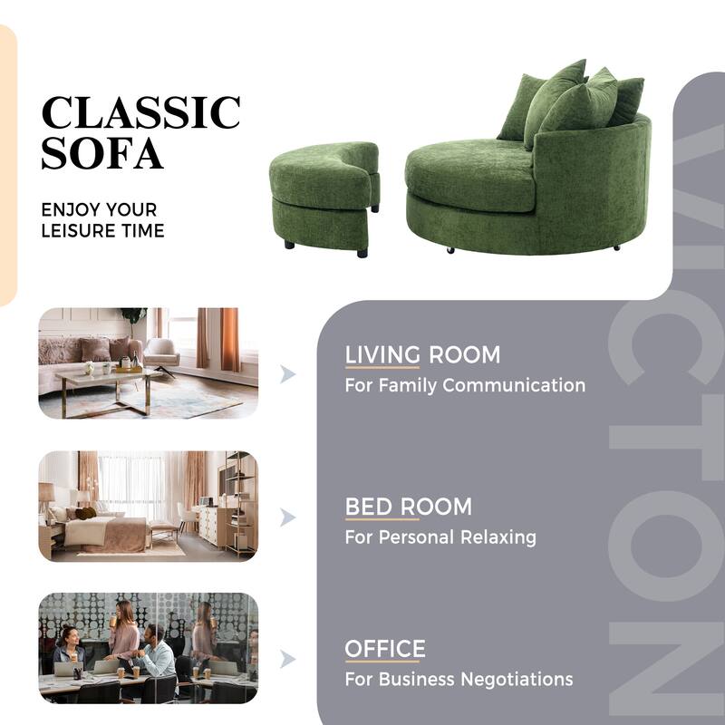 Roomfitters Modern 360° Swivel Barrel Chair with Hidden Storage Ottoman, Chenille Upholstery and Four Pillows